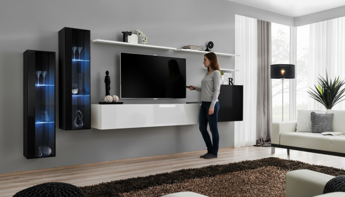 Design White Wall Cabinet Wall Shelf TV Stand Luxury Living Room Display Case New