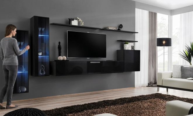 Black living room wall unit set, luxury wall shelf, display cabinet complete set.