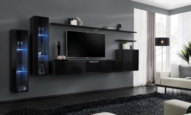 Black living room wall unit set, luxury wall shelf, display cabinet complete set.