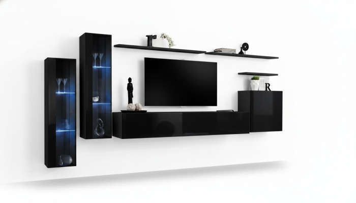Black living room wall unit set, luxury wall shelf, display cabinet complete set.