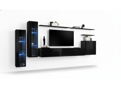 Black living room wall unit set, luxury wall shelf, display cabinet complete set.