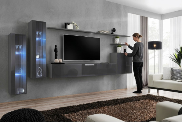 Gray Living Room Wall Unit Wall Shelf TV Stand Luxury Set Modern Furniture
