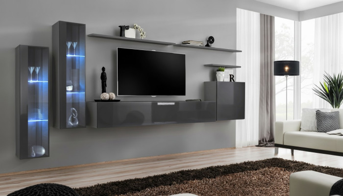 Gray Living Room Wall Unit Wall Shelf TV Stand Luxury Set Modern Furniture