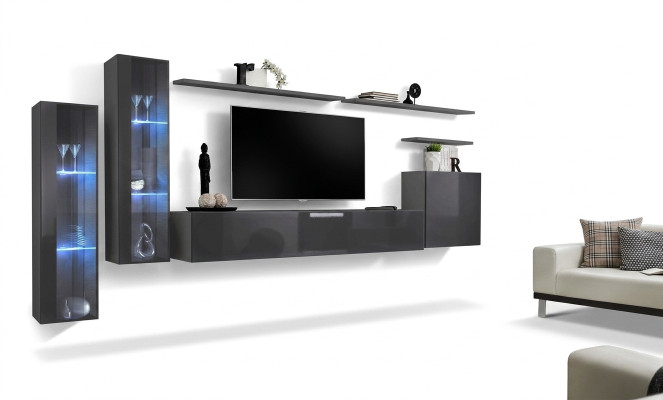 Gray Living Room Wall Unit Wall Shelf TV Stand Luxury Set Modern Furniture