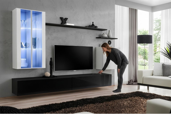 Black TV Stand Living Room Designer Complete Set Wall Shelf Modern New Furniture