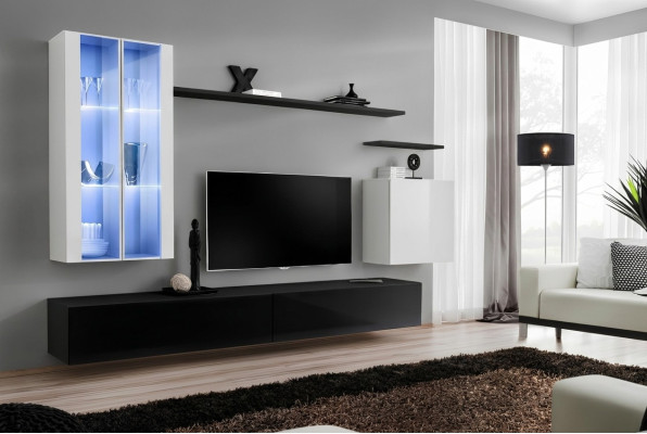Black TV Stand Living Room Designer Complete Set Wall Shelf Modern New Furniture
