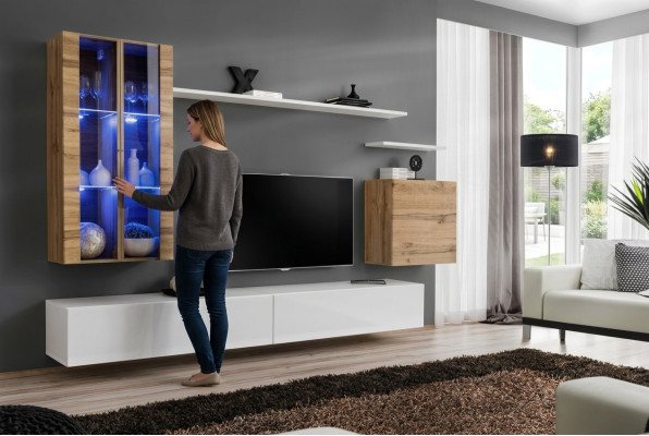 White New Living Room Wall TV Stand Wall Cabinet Wooden Furniture Style Luxury Modern