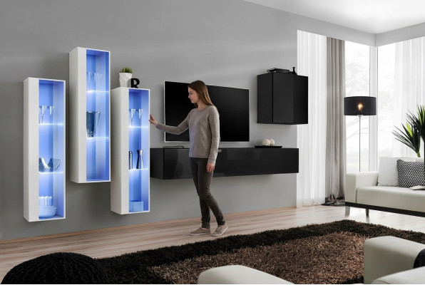Black TV Stand Living Room Wall Unit Set 5-Piece Wall Cabinet Wooden Furniture Designer New