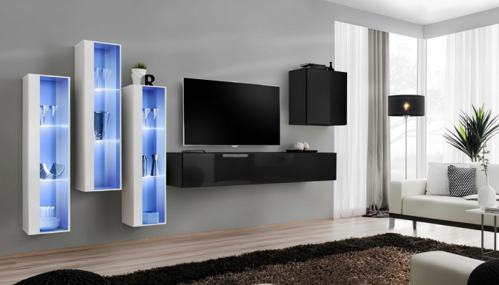 Black TV Stand Living Room Wall Unit Set 5-Piece Wall Cabinet Wooden Furniture Designer New