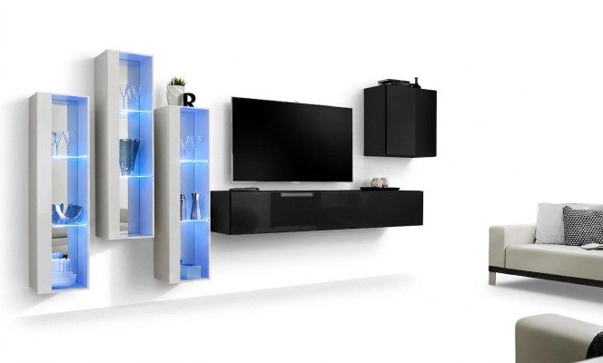 Black TV Stand Living Room Wall Unit Set 5-Piece Wall Cabinet Wooden Furniture Designer New