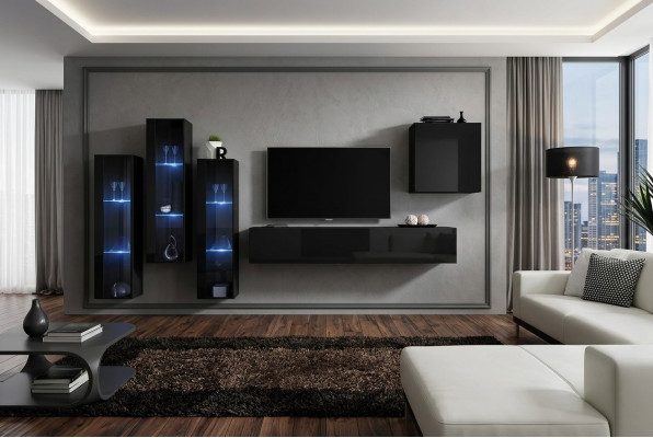 Black Living Room Set Display Cabinet Shelf 5-piece Furniture Set