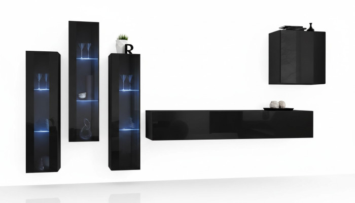 Black Living Room Set Display Cabinet Shelf 5-piece Furniture Set