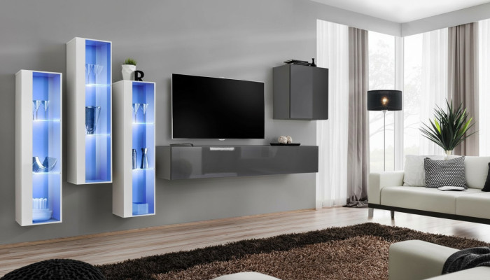 Modern grey high-gloss wall unit TV stand wooden furniture set