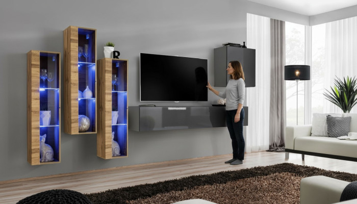 Luxury Wall Unit Grey High Gloss TV Stand Designer Sideboard Living Room Set