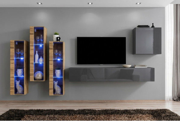 Luxury Wall Unit Grey High Gloss TV Stand Designer Sideboard Living Room Set