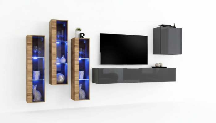 Luxury Wall Unit Grey High Gloss TV Stand Designer Sideboard Living Room Set