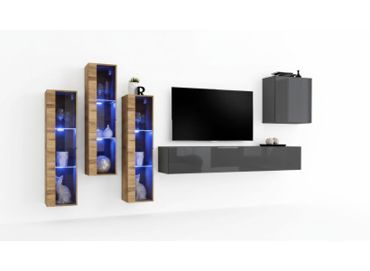 Luxury Wall Unit Grey High Gloss TV Stand Designer Sideboard Living Room Set