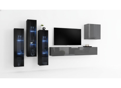 Designer Gray Living Room Wall Unit TV Stand Complete High Gloss Sideboard Wall Cabinet