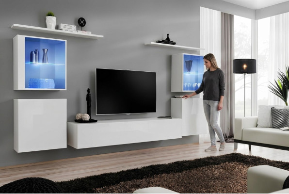 White living room furniture wall unit 2x wall shelves complete set luxury furnishings