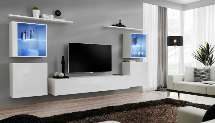 White living room furniture wall unit 2x wall shelves complete set luxury furnishings
