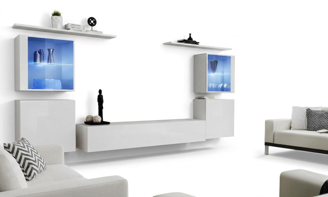 White living room furniture wall unit 2x wall shelves complete set luxury furnishings