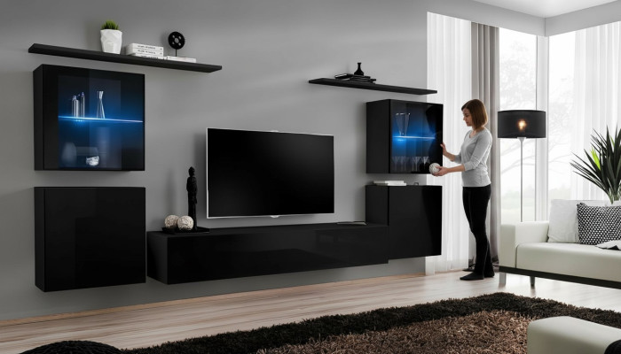 Black Wall Unit Living Room Furniture Luxury Wall Cabinet Complete Designer New