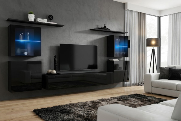 Black Wall Unit Living Room Furniture Luxury Wall Cabinet Complete Designer New