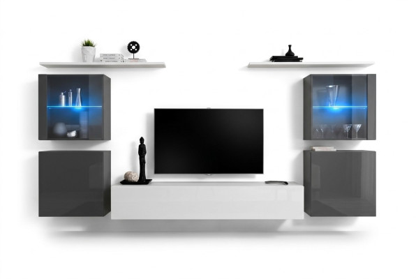 White wall unit high gloss designer wall cabinet wall shelves wood luxury furniture