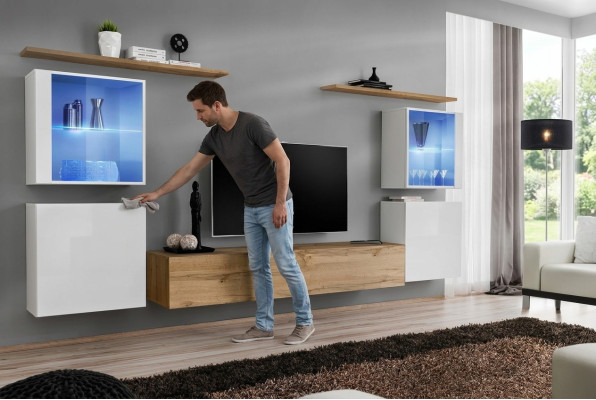 Complete Brown TV Stand Set, 4 pcs, Designer Living Room Furniture, Wall Shelves, Furniture