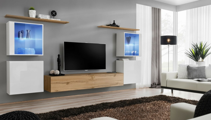 Complete Brown TV Stand Set, 4 pcs, Designer Living Room Furniture, Wall Shelves, Furniture