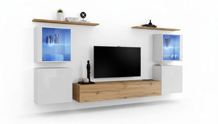 Complete Brown TV Stand Set, 4 pcs, Designer Living Room Furniture, Wall Shelves, Furniture