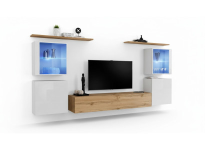 Complete Brown TV Stand Set, 4 pcs, Designer Living Room Furniture, Wall Shelves, Furniture