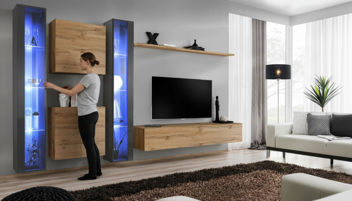 Complete Brown Living Room Wall Unit Set Hanging Display Cabinet Wall Wardrobe Modern Design