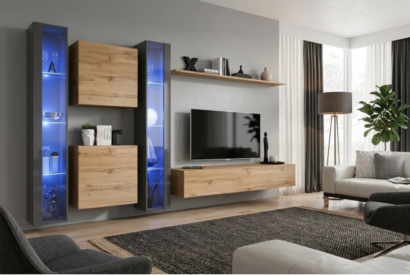Complete Brown Living Room Wall Unit Set Hanging Display Cabinet Wall Wardrobe Modern Design