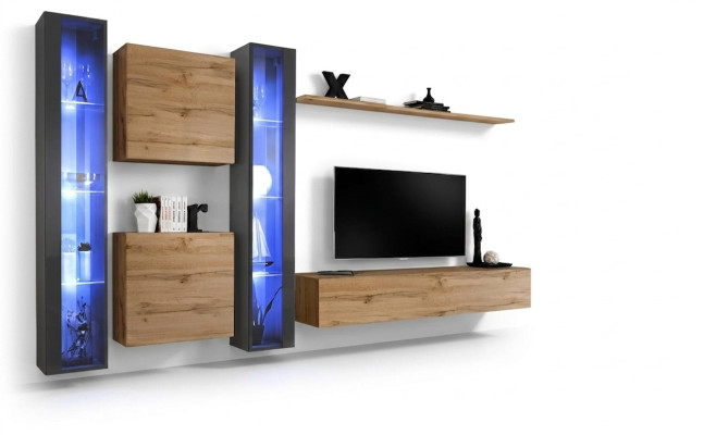 Complete Brown Living Room Wall Unit Set Hanging Display Cabinet Wall Wardrobe Modern Design
