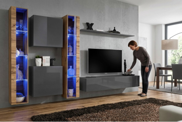 Luxury Complete Set 6-piece Living Wall Gray TV Stand Wall Cabinet Sideboard Modern