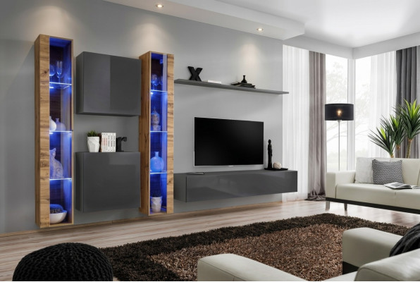 Luxury Complete Set 6-piece Living Wall Gray TV Stand Wall Cabinet Sideboard Modern