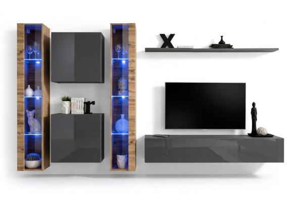 Luxury Complete Set 6-piece Living Wall Gray TV Stand Wall Cabinet Sideboard Modern