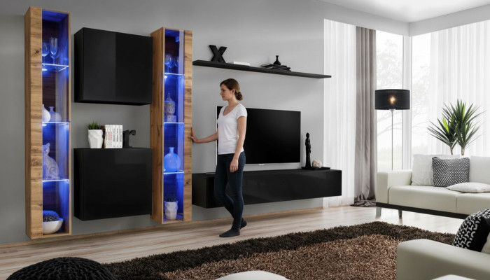Wall unit cabinet modern design TV stand black living room furniture complete
