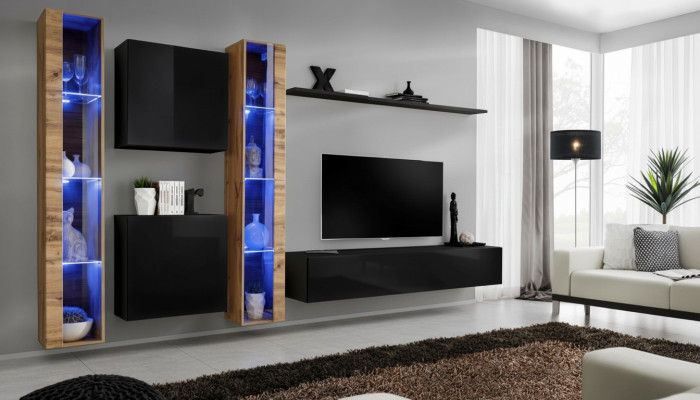 Wall unit cabinet modern design TV stand black living room furniture complete