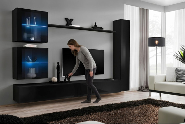 Black Living Room Wall Unit Complete Set Designer Furniture TV Stand Modern