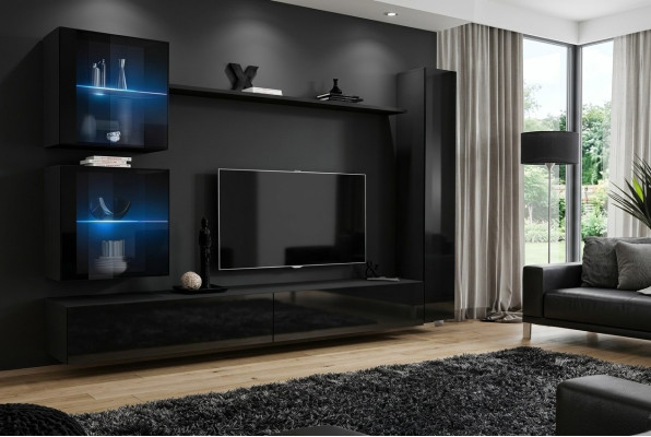 Black Living Room Wall Unit Complete Set Designer Furniture TV Stand Modern