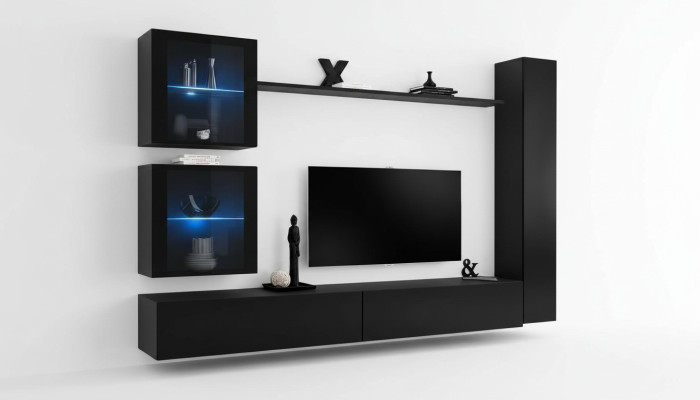 Black Living Room Wall Unit Complete Set Designer Furniture TV Stand Modern