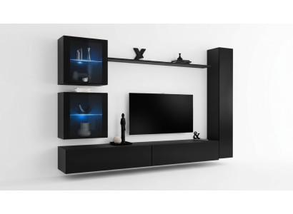 Black Living Room Wall Unit Complete Set Designer Furniture TV Stand Modern