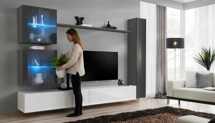 Designer wall unit, modern TV stand, gray living room furniture, sideboard