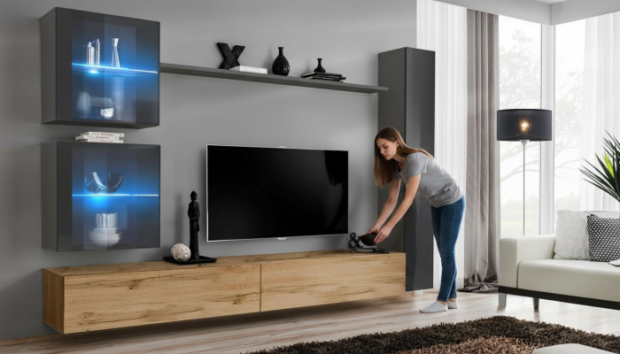 Modern gray living room wall with TV furniture