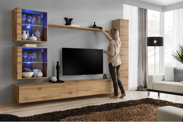 Brown Wall Unit Hanging Cabinet Designer TV Stand Furniture Shelf Modern