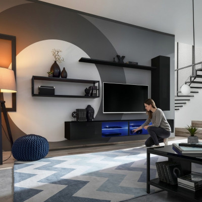 Black wall unit living room furniture wall cabinet wall shelves luxury set new