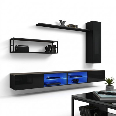 Black wall unit living room furniture wall cabinet wall shelves luxury set new