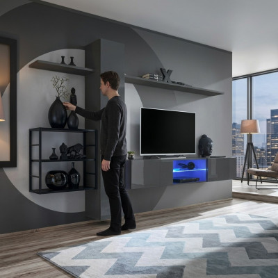 Living room furniture wall unit 270 cm wall cabinet set gray luxury wall shelves